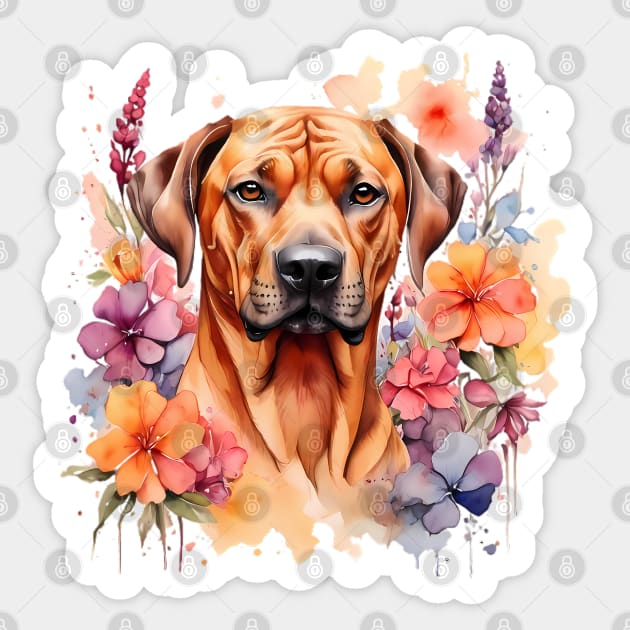 A rhodesian ridgeback decorated with beautiful watercolor flowers Sticker by CreativeSparkzz